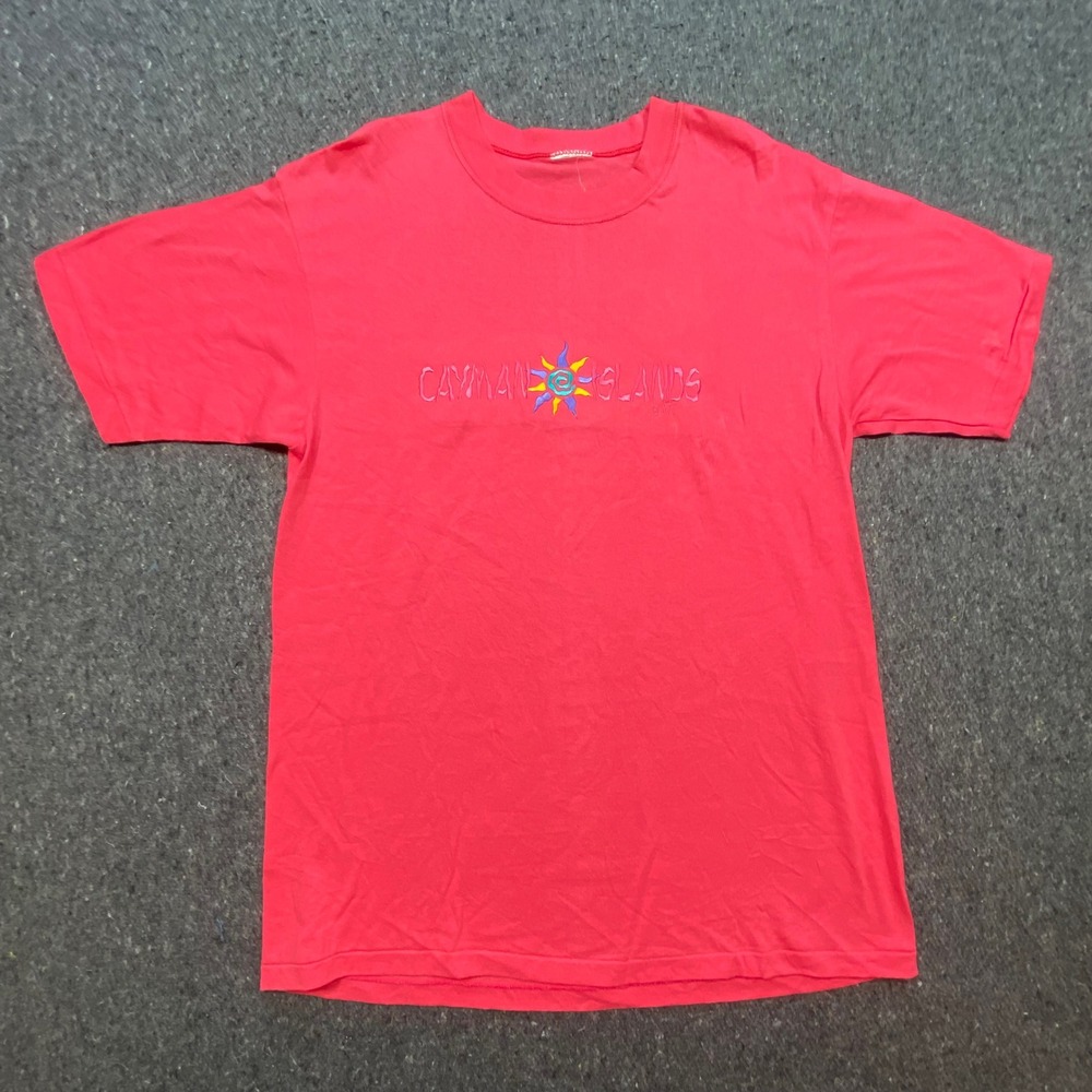 Cayman Islands T Shirt L Mens Red Pink Vintage 90s Single Stitch Embroidered Sun - Picture 1 of 8